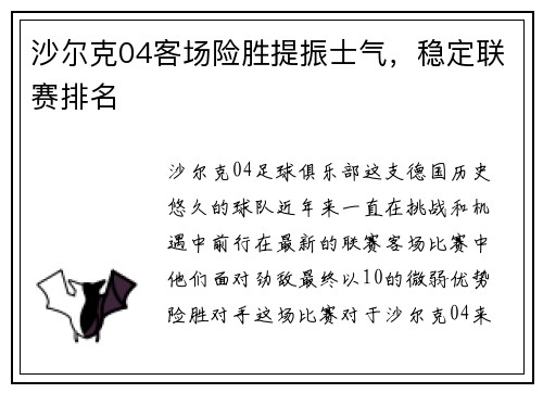 沙尔克04客场险胜提振士气，稳定联赛排名