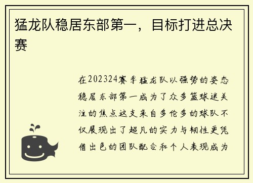 猛龙队稳居东部第一，目标打进总决赛