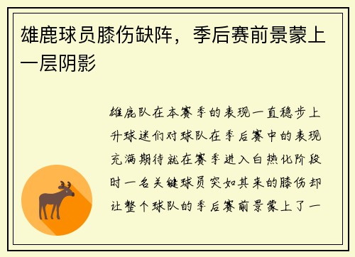 雄鹿球员膝伤缺阵，季后赛前景蒙上一层阴影